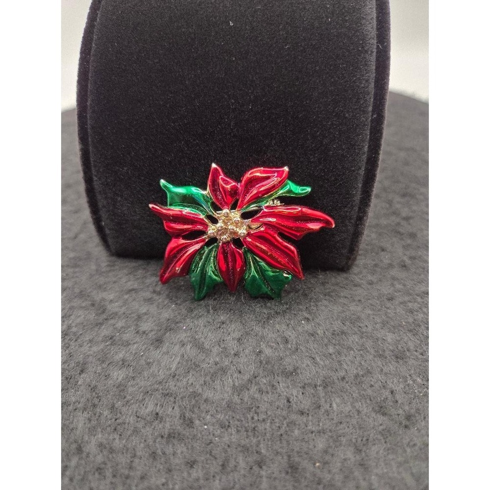Goldtone Christmas Poinsettia Pin/Brooch Red Green 2"Wide X 2"Tall